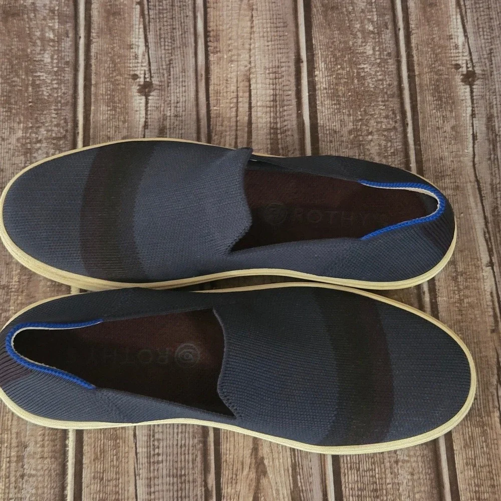 Sz 8.5 Womens Rothys The Sneaker Navy Black‎ Stripe Slip On Flats Shoes VGUC!